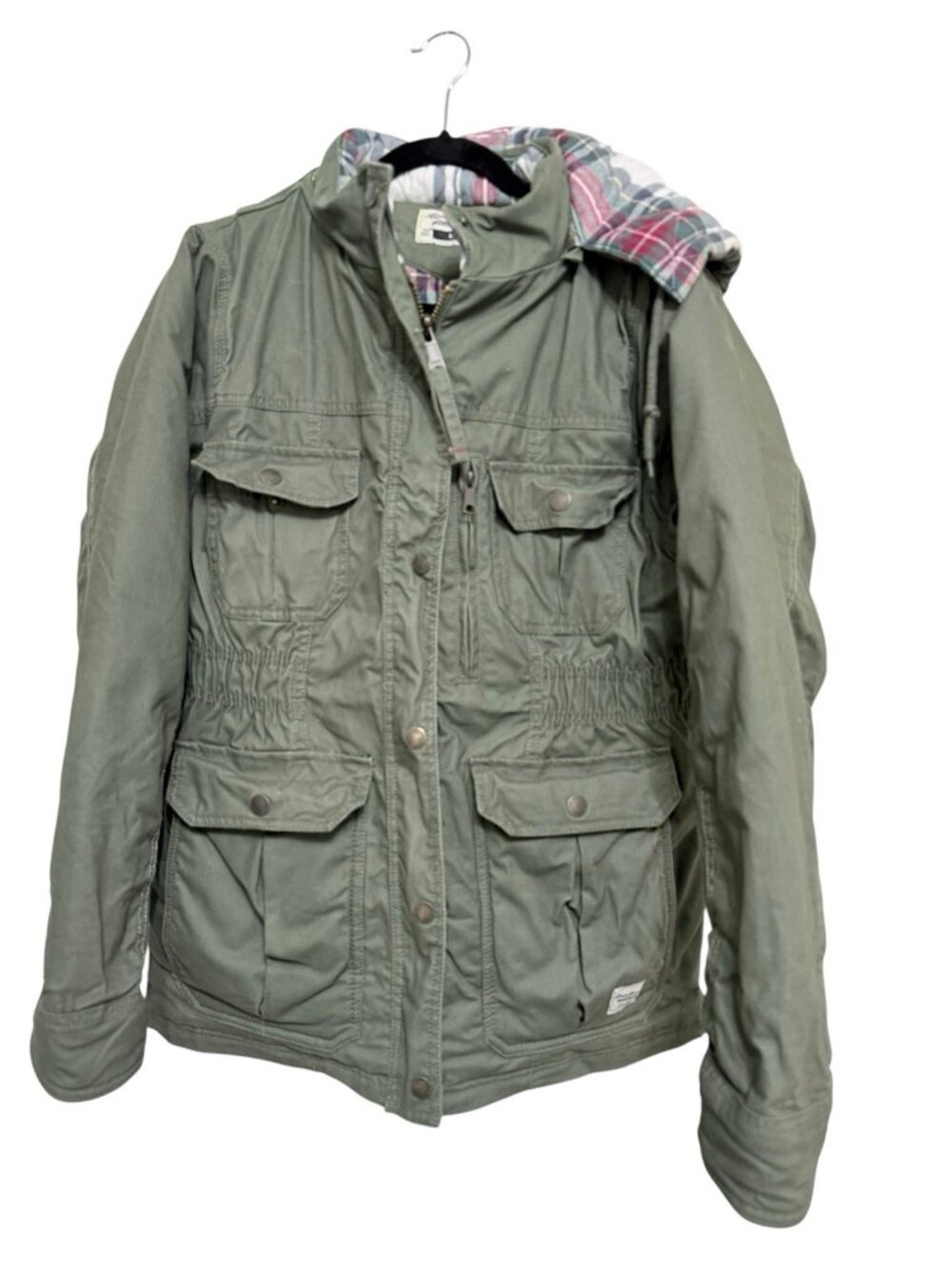 VTG Eddie Bauer Chore Coat Jacket Green Flannel Lined Hooded Barn Parka Sz Large